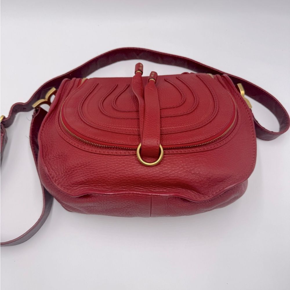Chloe Marcie Scarlet Red Leather with Burgundy Crossbody Saddle Bag Auth - Picture 12 of 16